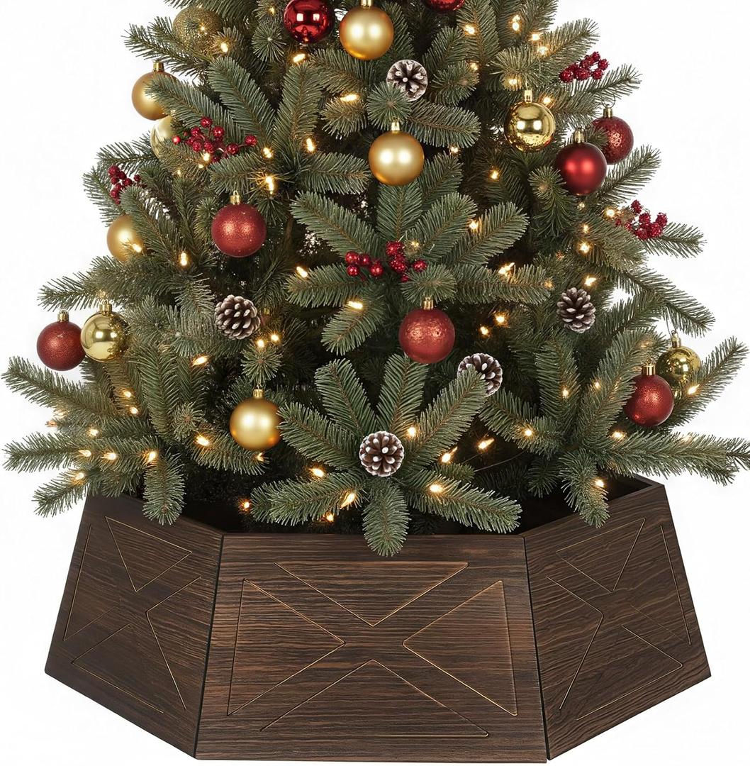 Wooden Tree Collar Box 30in, Christmas Tree Collar Vintage Farmhouse Hexagon 6 Panels, Brown Tree Collar Box Solid Wood Disassemble with X-Pattern for Christmas Tree Decoration Fit Below 30" Stands