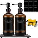 Kitchen Soap Dispenser Set with Instant Dry Tray & Sponge Holder,16 Oz Hand and Dish Soap Amber Glass Dispenser Set,Stainless Steel Pump,Waterproof Labels,Luxury Soap Bottle for Bathroom