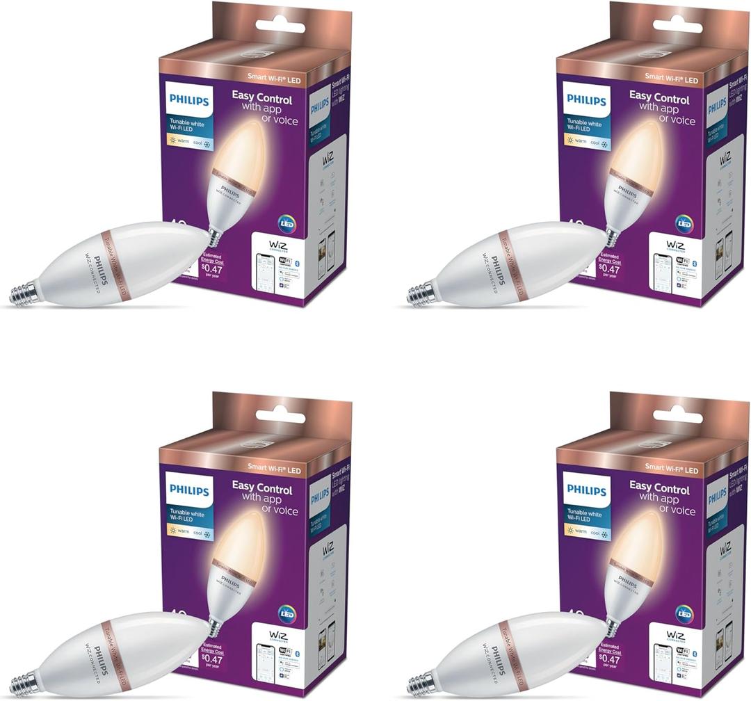 Philips Smart 40W B12 Tunable White Smart Candle-shape 4-Pack, E12, Dimmable, Indoor, Connect to Wi-Fi, Control Voice or App - Powered by WiZ Connected