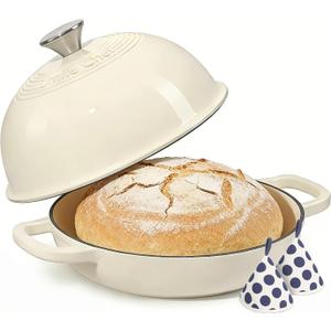 Enameled Round Cast Iron Bread Oven, 6 Qt Cast Iron Dutch Oven for Homemade Sourdough Bread Baking, Bread Pot with Dome Lid & Cotton Potholders (Cream White)