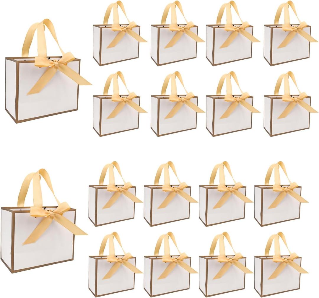 TKSBAG 50 PCS Small White Gold Gift Bags with Bow Ribbon - 6.4x3.1x5.1 Inch Thank You Bags with Handles, Bulk for Baby Shower, Bridal Shower, Wedding, Party Favors, Valentine