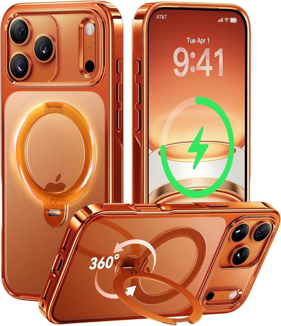 CASEKOO for iPhone 17 Pro Case Cosmic Orange Glossy [360 Spin Magnetic Stand] [Fit for MagSafe][17FT Military Protection] Slim Polished Clear for 17 Pro Case with Stand, Cosmic Orange