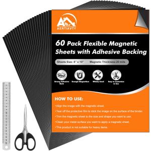 Aertiavty 60 Packs Magnetic Sheets with Adhesive Backing 8x10 Inch Adhesive Magnetic Sheets for Dies Storage - 20 Mil Magnetic Contact Paper Peel and Stick, Magnetic Strips with Adhesive Backing
