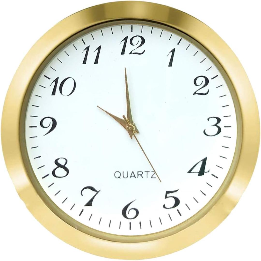 HILLHOME Mini Clock Insert 2-1/8 Inch (55 mm) Round Quartz Movement Miniature Clock White Dial Gold Tone Bezel Arabic Numerals Fit 1.97 inch (50 mm) Diameter Hole
