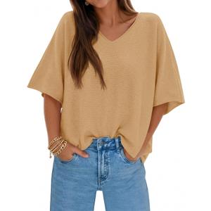 Saodimallsu Womens Short Sleeve Sweater Summer Oversized V Neck Knitted Pullover Trendy Casual Tops (X-Large, Khaki)