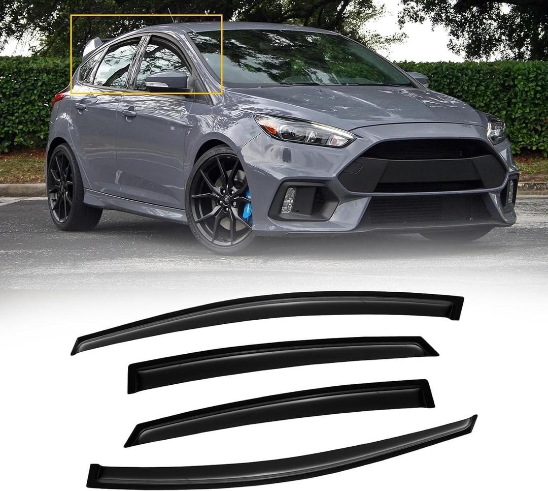4 x Rain Guards for 2012-2018 Ford Focus Sedan & Hatchback (Not fit rs), Out-Channel Window Visor Shields Vent Deflector Shade Wind Dark Smoke 2013 2014 2015 2016 2017 12 13 14 15 16, Outside-Mount, 4PCS