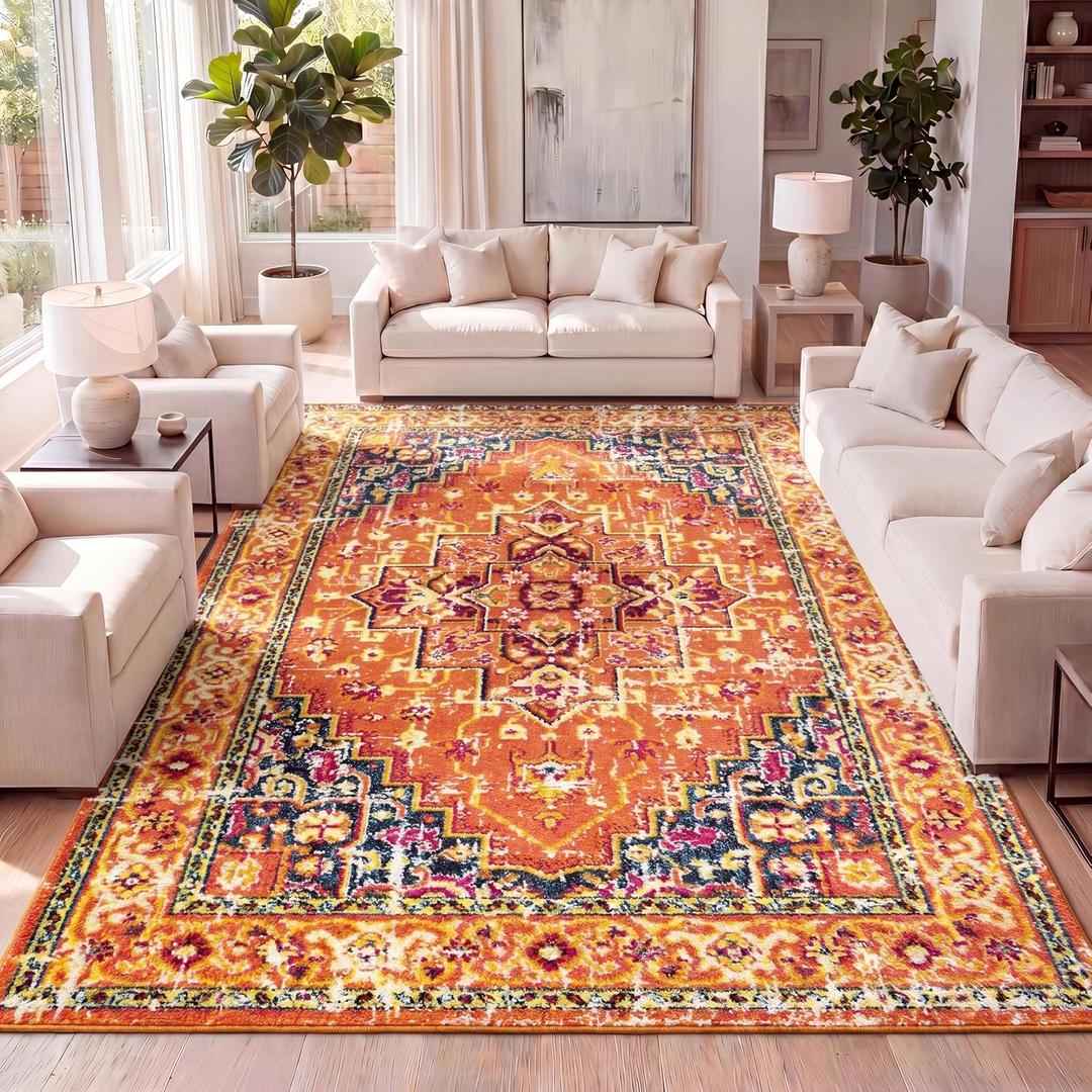 JONATHAN Y Brooklyn Geometric Medallion Orange/Blue Indoor Area Rug, 8x10, Vintage, Bohemian, Easy-Cleaning for Living Room, Bedroom, Kitchen, Pet Friendly, Non-Shedding (MDP207D-8)