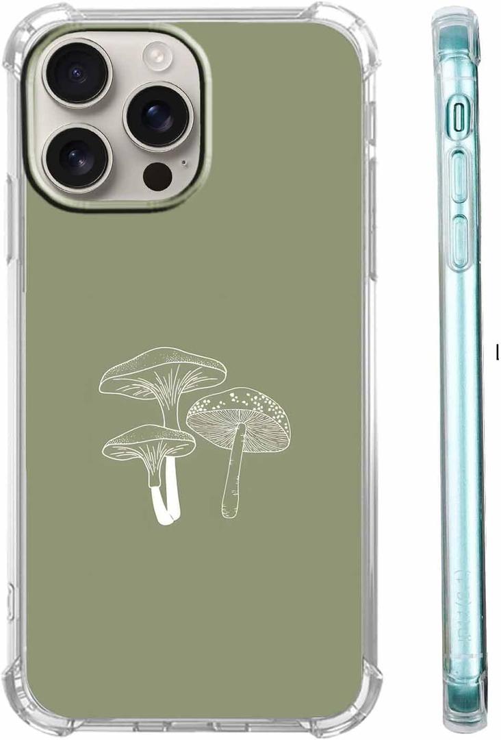 Sage Green Mushroom Case for iPhone 16 Pro Max,Minimalist Aesthetic Plant Pattern,Trendy Soft Bumper TPU Case for iPhone 16 Pro Max
