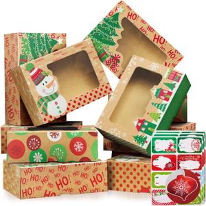 Party Funny 12 Christmas Cookie Boxes -Large Kraft Holiday Bakery Food Container for Gift Giving with 80 Count Christmas Foil Gift Stickers