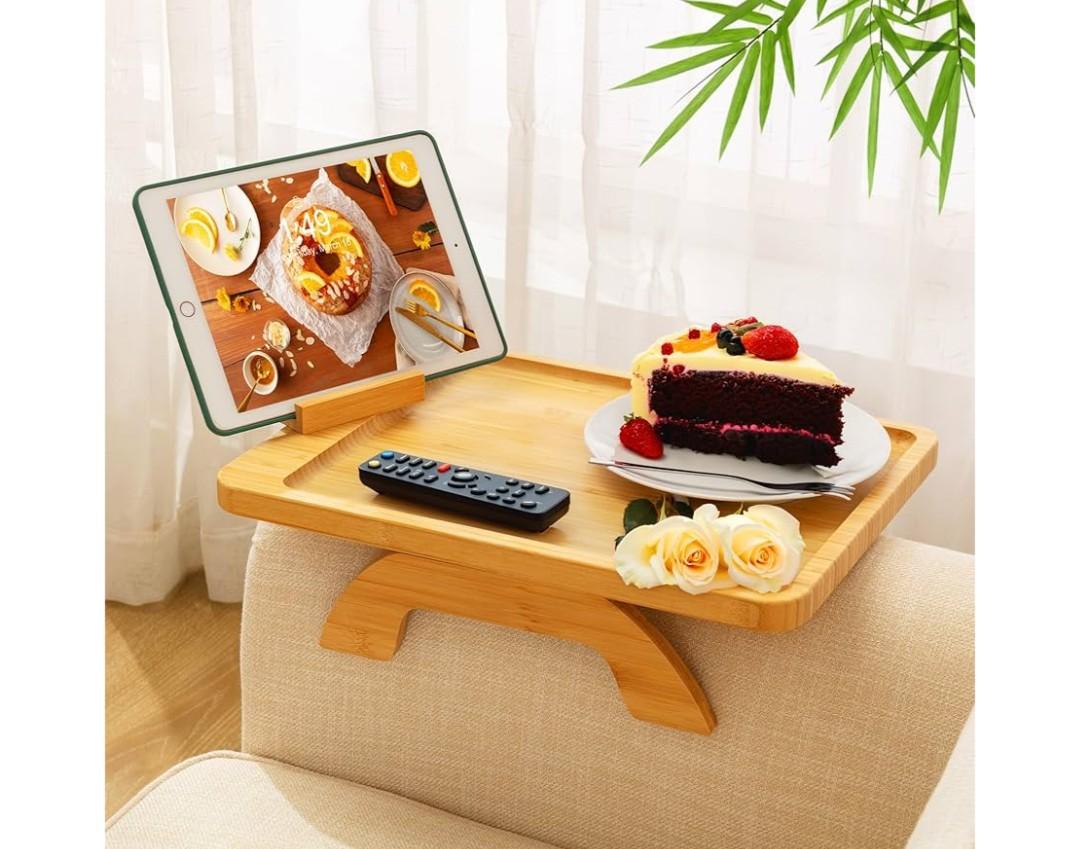 SINWANT Couch Arm Tray Table, Large Bamboo Couch Armrest Table with Phone Holder,Foldable Sofa Armrest Tray for Eating Snacks Drinks Remote Books Arm Chair