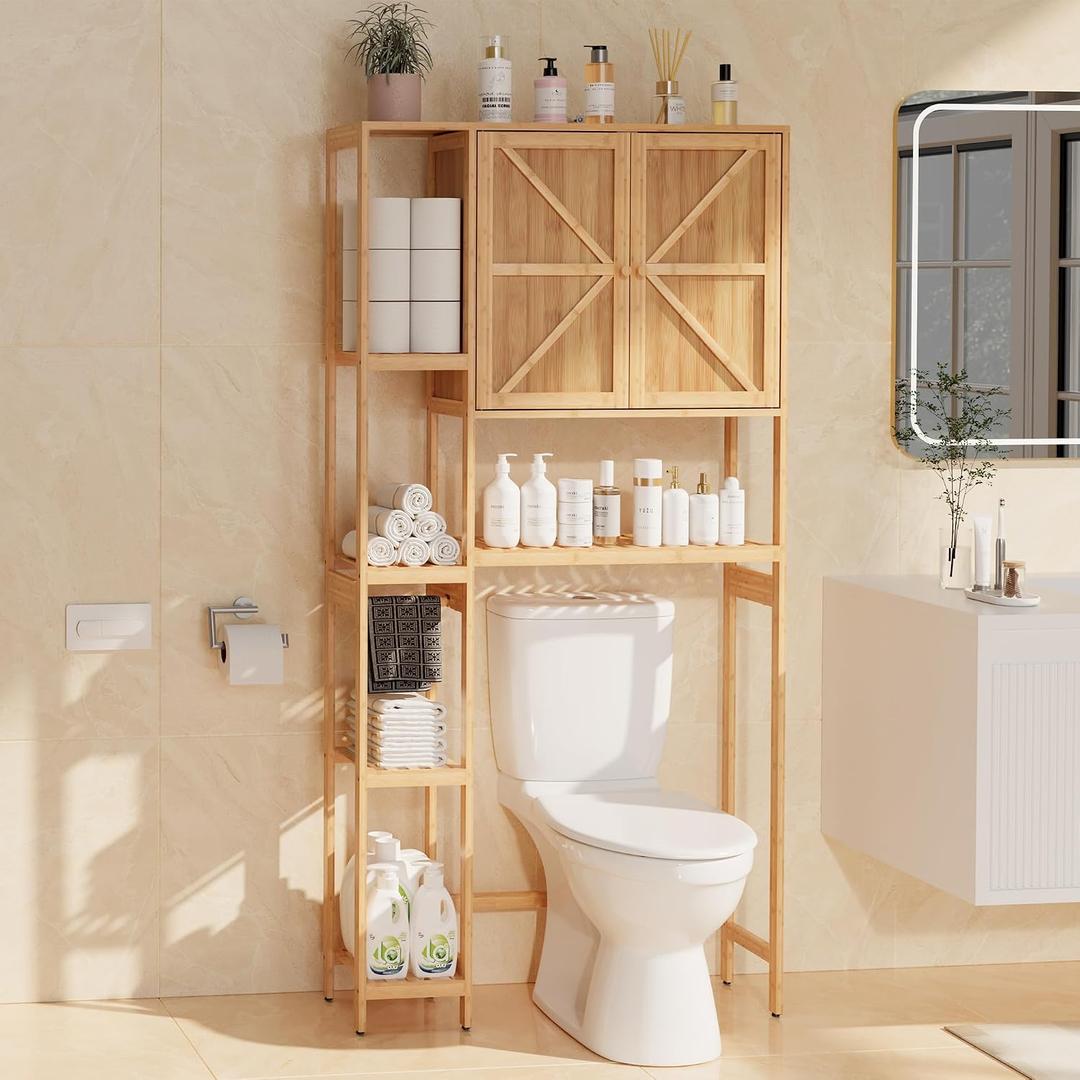 Over-the-Toilet Storage Cabinet with Shelves for Small Bathrooms, Natural, 31.7" x 9.6" x 66.3"