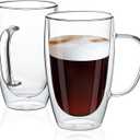 MEWAY 16oz/2 pack Coffee Mugs, Thickened Clear Glass Double Wall Cup with handle for Coffee, Tea, Latte, Cappuccino (16 oz)