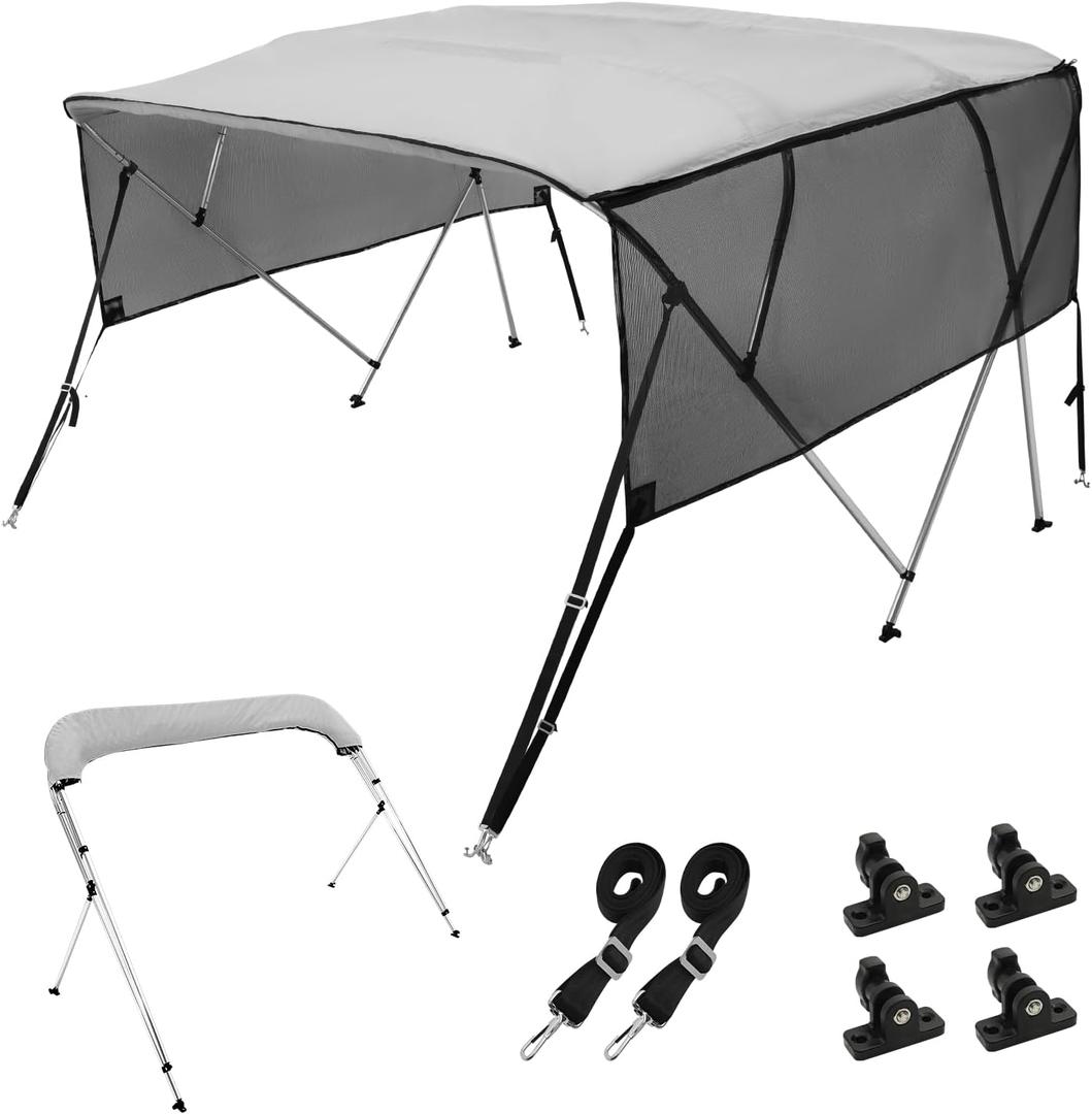 VEVOR 4 Bow Bimini Top Boat Cover, Detachable Mesh Sidewalls, 600D Polyester Canopy with 1" Aluminum Alloy Frame, Includes Storage Boot, 2 Support Poles, 2 Straps, 8'L x 54" H x 91"-96" W, Light Grey