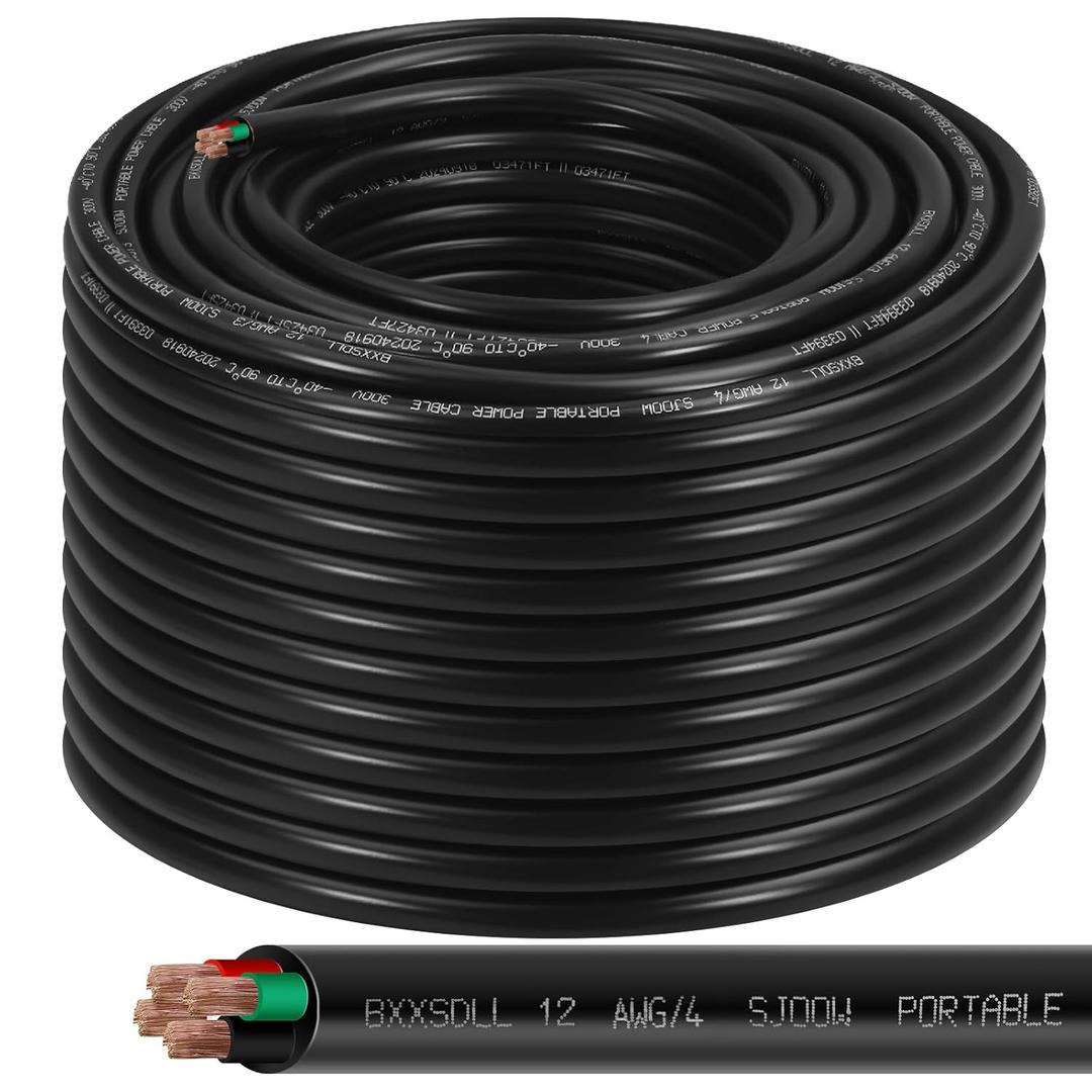 200FT 12/4 SJOOW 300V Wire, 12 AWG 4 Conductor 200FT Portable Power Cable 300V Copper Cord, 12 Gauge 4 Conductor 75 Foot Cable for Motor Leads, Portable Lights, Battery Chargers and Machinery