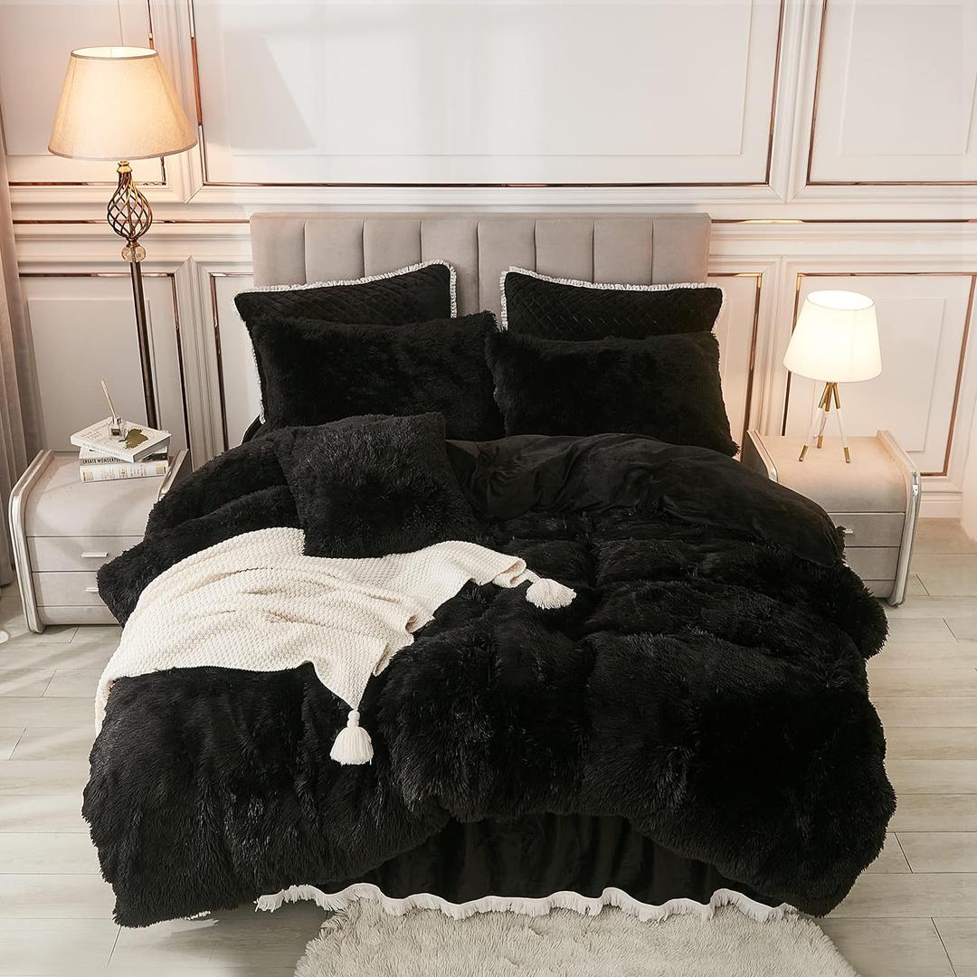annadaif Plush Shaggy Duvet Cover, Black Fluffy Comforter Cover Set Full Size, Fuzzy Faux Fur Bedding Set with Zipper Closure, Luxury Ultra Soft 3 Pieces (1 Duvet Cover, 2 Pillowcases)