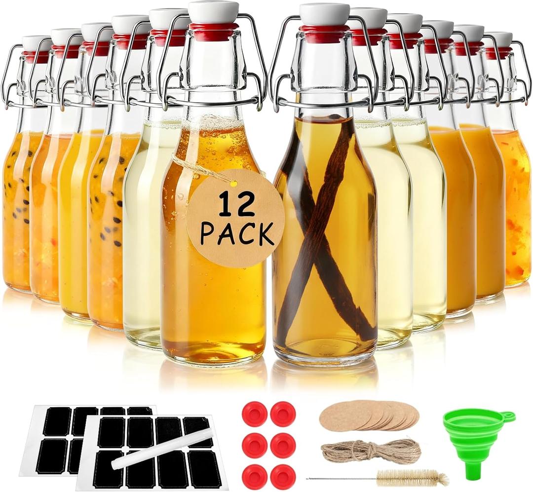 Ruckae 12 Pack 8.5oz Swing Top Glass Bottles with Lids Kombucha Coquito Flip Top Glass Bottle for Syrup Vanilla Extract Brew Beer Kefir Air Tight Bottles for Gift (8.5 oz 12 pack)