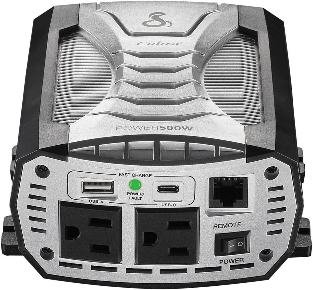Cobra POWER 500W Power Inverter, Portable  500-Watt Car Charger, 2 Grounded AC Outlets, 2 Fast Charge USB Ports and Remote Controller (CPIALCDG1) Compatible