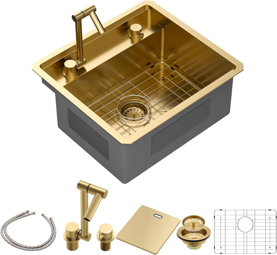 Sarlai Outdoor Sink, 21x19 Inch Gold Undermount Kitchen Sink Workstation with Foldable Faucet Bar Prep Single Bowl Gold Kitchen Sinks16 Gauge Stainless Steel BBQ Sinks with Cover 21"x19"x9“