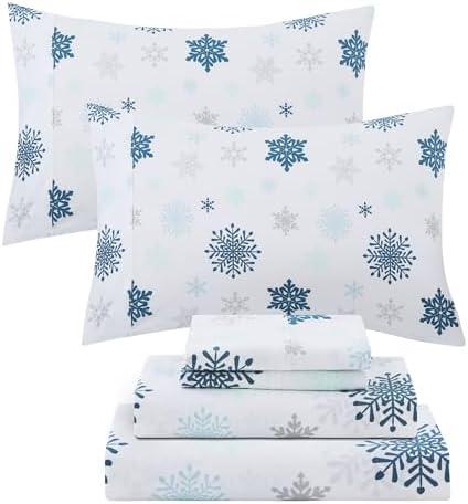 Viviland Christmas Holiday 100% Cotton Sheets Queen, Crisp Cooling Percale Snowflake Sheets, Soft Cozy Winter Bedding