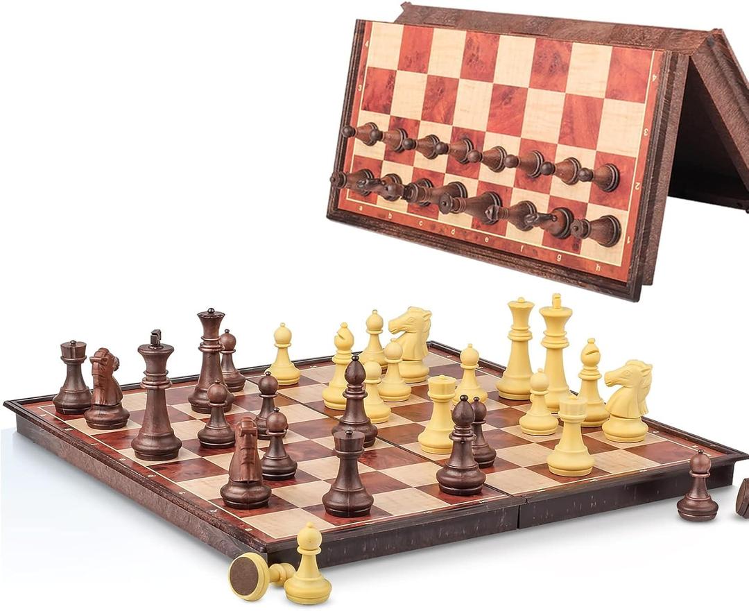 Magnetic Travel Chess Set with Storage Box - Folding Wooden-Style Chess Board, 8" Portable Pocket Mini Game for Adults & Kids, Gifts for Men Women (Brown)