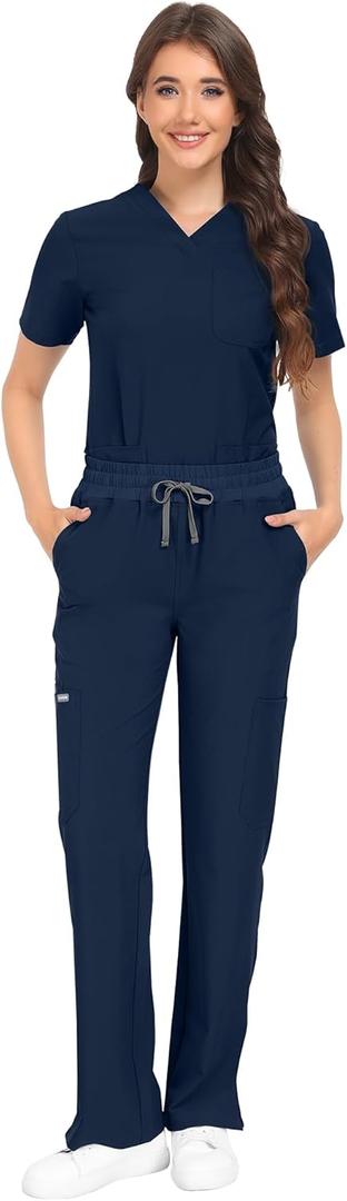 COMENII Scrubs for Women Set, V-Neck Top & Straight Leg Pants with 11 Pockets, Stretch Comfortable Womens Scrub Sets (Large)