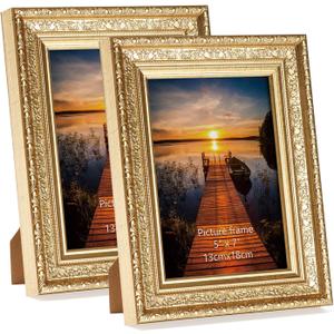 Edenseelake 5x7 Picture Frames Set of 2, Vintage Gold Photo Frame 5 by 7 for Tabletop or Wall Display
