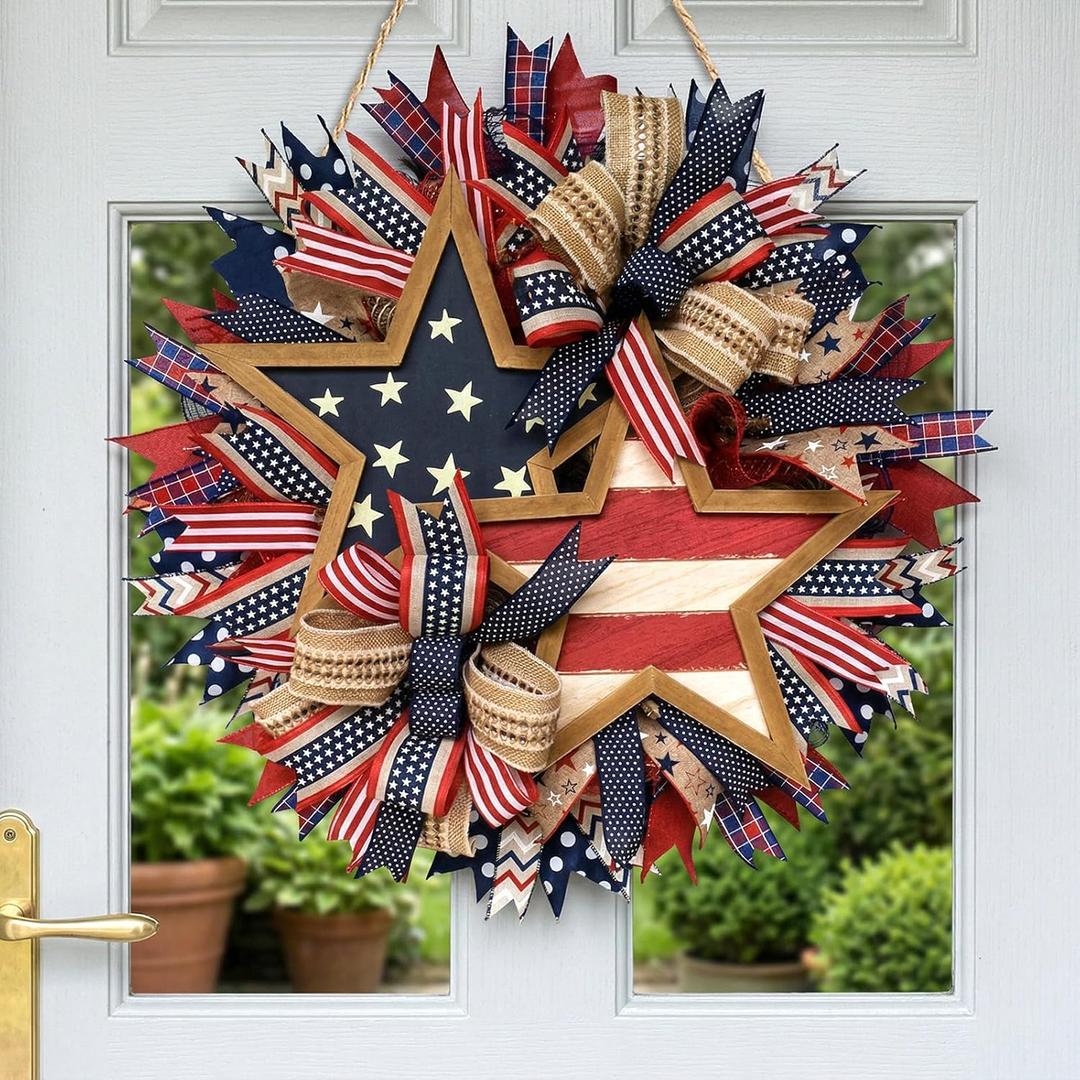 15.7 Inch Patriotic Wreaths for Front Door, 4th of July Outdoor Decorations, Red White and Blue Weather, Handcrafted Memorial Day Wreaths, Festival Celebration USA Flag Printed Wreath