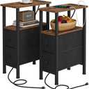 VIMBER 2 Set Narrow Side Table for Small Spaces, Skinny End Table with Charging Station, Sofa Beside Table with 2 Drawers 1 Open Compartment, Slim Nightstand with USB Ports Outlet, Rustic and Brown