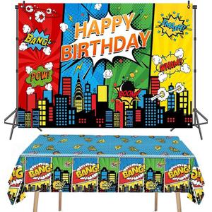 Superhero Party Backdrop 5.9x3.6ft and Super Hero Birthday Plastic Tablecloth 71x42.5 Inches Kids Boy Hero City Birthday Party Table Cover Cloth Banner Background Decoration Supplie