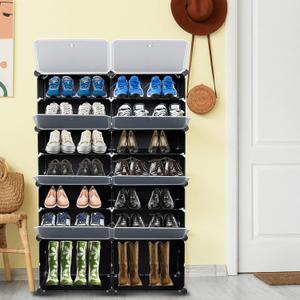 UNITSTAGE Shoe Rack, 7 Tier Shoe Storage Cabinet with Door 28 Pair Plastic Shoe Shelves Organizer for Closet, Entryway, Hallway, Bedroom, Black