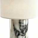 Cordless Marble Table Lamp,Rechargeable Touch Stone Night Light | Natural stone base,5W LED,4000mAh battery,Type-c,Linen Cloth Fiber Lampshade,Bedroom Living Room Office，White