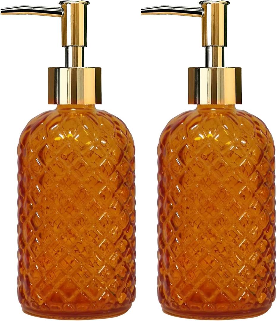 Orange Glass Soap Dispenser, 13.5oz Bathroom Hand Dispenser, Lotion Dispenser with Gold Plastic Pump for Modern Home Decor, Kitchen Countertop, Hotel(2 Pack) (Tangerine)