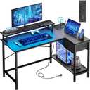 Fixwal Gaming Desk for Bedroom L Shaped Small Corner Computer Desk with Power Outlets and LED Lights, PC Desk, Home Office Desks with Drawer, Writing Desk Study Desk, Black