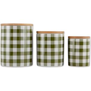 DII Ceramic Canister Sets for the Kitchen Food Safe Storage Containers with Lids, Large, Medium & Small, Buffalo Check, Antique Green & White, 3 Count