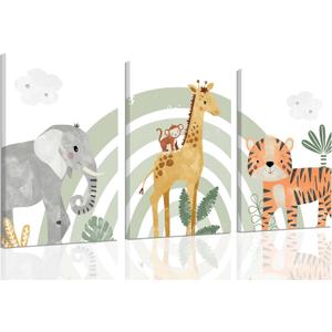 3Pcs Framed Safari Animals Canvas Wall Art elephant tiger giraffe Posters Prints Bohemian Rainbow elements Paintings Pictures wall decor for Nursery Baby Bedroom Decorations (12x16, color)
