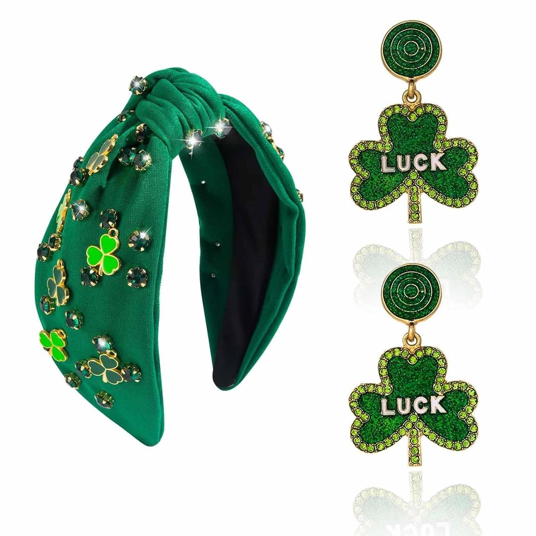 St.Patrick's Day Headbands Green Shamrock Headband for Women Jeweled Knotted Head Band Embellished Crystal Rhinestone Wide Headband and Earrings St Patricks Day Hair Accessories