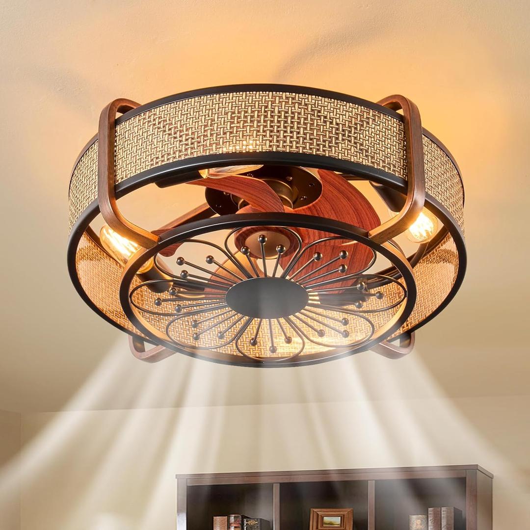 Boho Caged Ceiling Fan with Light Flush Mount 18.9in Hand-Woven Rattan Fandelier Enclosed Cage Ceiling Fans with Lights, Remote Reversible 6 Speeds Motor Ceiling Fan Lighting, E26 Base (H023)