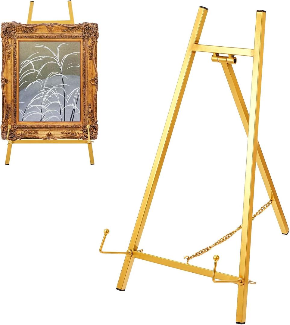 Metal Easel Stand Gold, Easel Stand for Sign Table Top Easels for Display Modern Metal Tripod with Chain Bracket for Paintings, Photographs, Posters, Mirrors- 16.7 x 8.7 x 4.3 Inch (H * W * D)