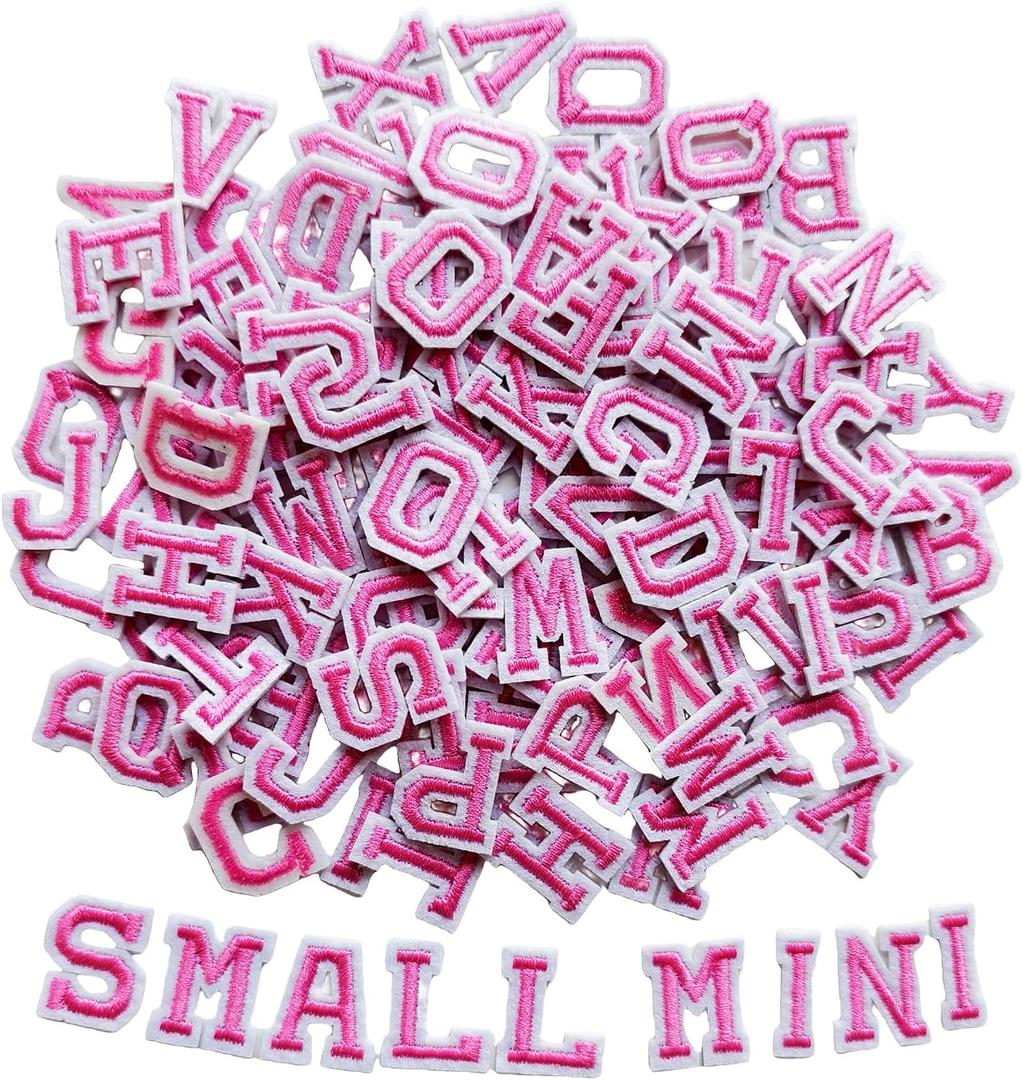 130pcs Iron on Letter Patches 0.7 inch, 5 Sets of 26 Embroidered Alphabet A-Z Patches for Clothing Jackets Hats Backpacks Jeans Pink