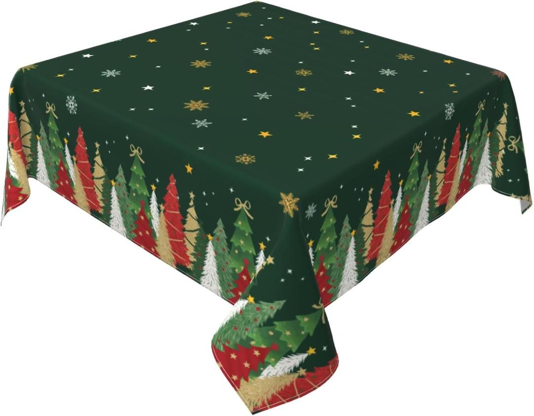 Christmas Square Tablecloth 52x52 Inch Forest Green Xmas Tree Snowflake Winter Holiday Theme Decorative Table Cloth Seasonal Rustic Farmhouse for Indoor Party Kitchen Dinner Picnic Decor