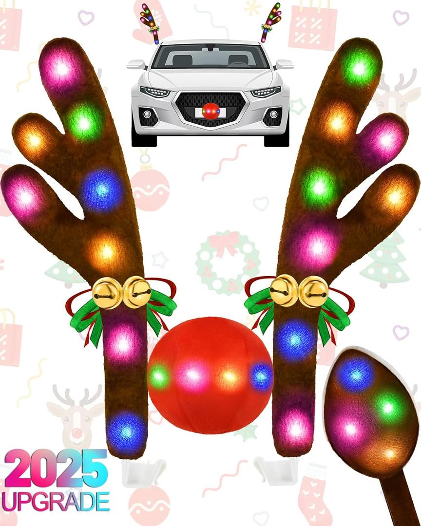 Christmas Reindeer Antlers Car Decoration Kit 2025, LED Lights Nose Vehicle with Jingle Bells Rudolph, Cute Costume Auto Holiday Accessories for SUV Van Truck Decor Multicolor
