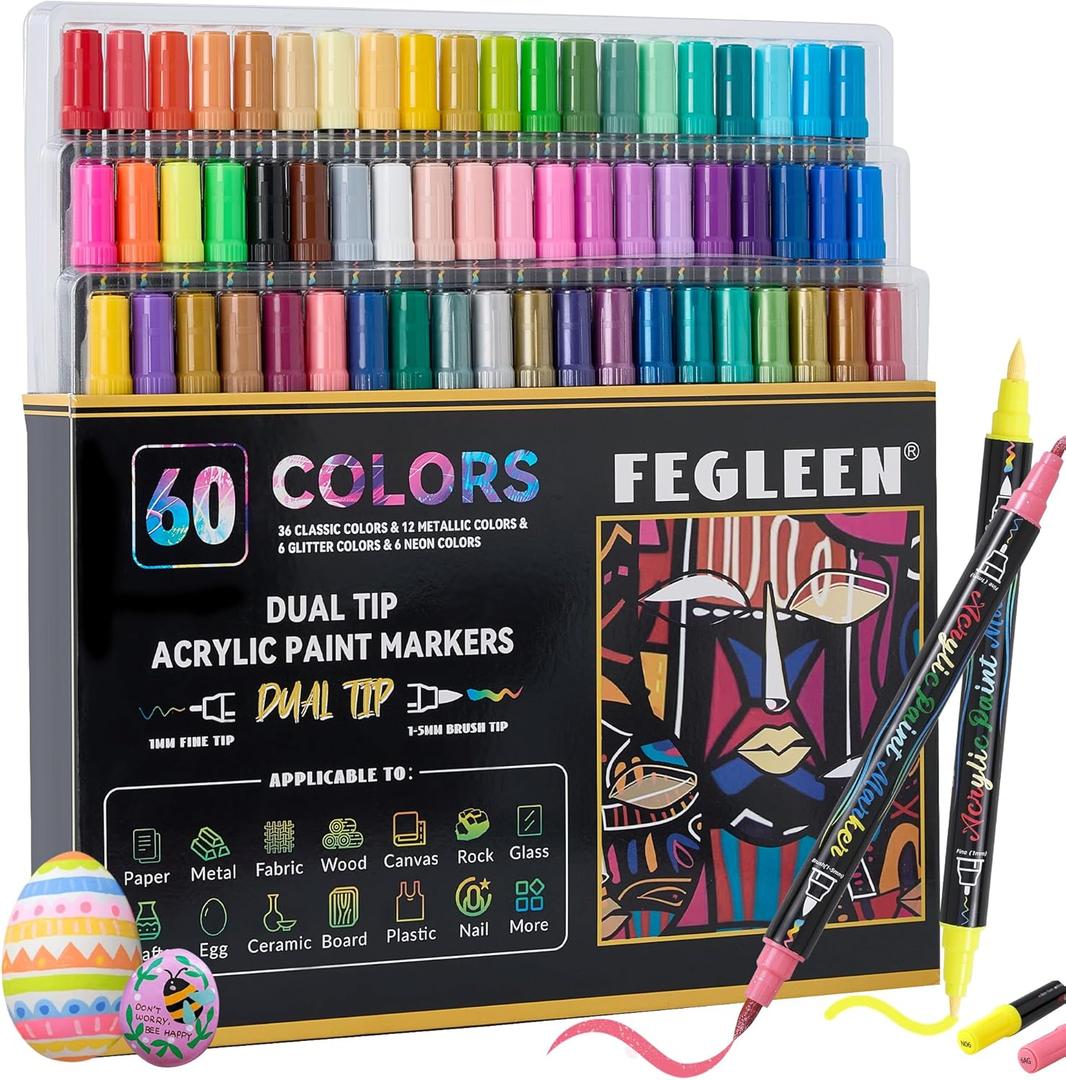 60 Colors Acrylic Paint Markers,Dual Tip Acrylic paint Pens Contain 12 Metallic Colors 6 Glitter and 6 Neon Markers for Rock Painting,Egg,Wood,Glass,Canvas,Ceramic,Crafts,Art Supplies