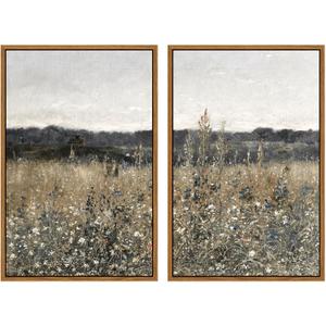 InSimSea 2 Pcs Framed Wall Art Vintage Landscape Decor, Meadow Scenery Paintings Above Bed Wall Decor, Canvas Prints, Living Room Bedroom Office Farmhouse Decorations, 16"x24" Set of 2 (Champ Fleuri)