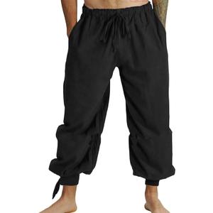 Mens Pirate Linen Pants Medieval Viking Navigator Costume Trousers Renaissance Lace Up Cosplay Pants (Large, Black)