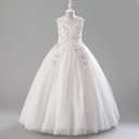 IDOPIP Flower Girl Sequin Lace Dress for Kids Wedding Bridesmaid Pageant Party Formal Long Maxi Gown Big Little Princess First Communion Birthday Prom Shiny Bow Puffy Tulle Dresses White, 13-14 Years