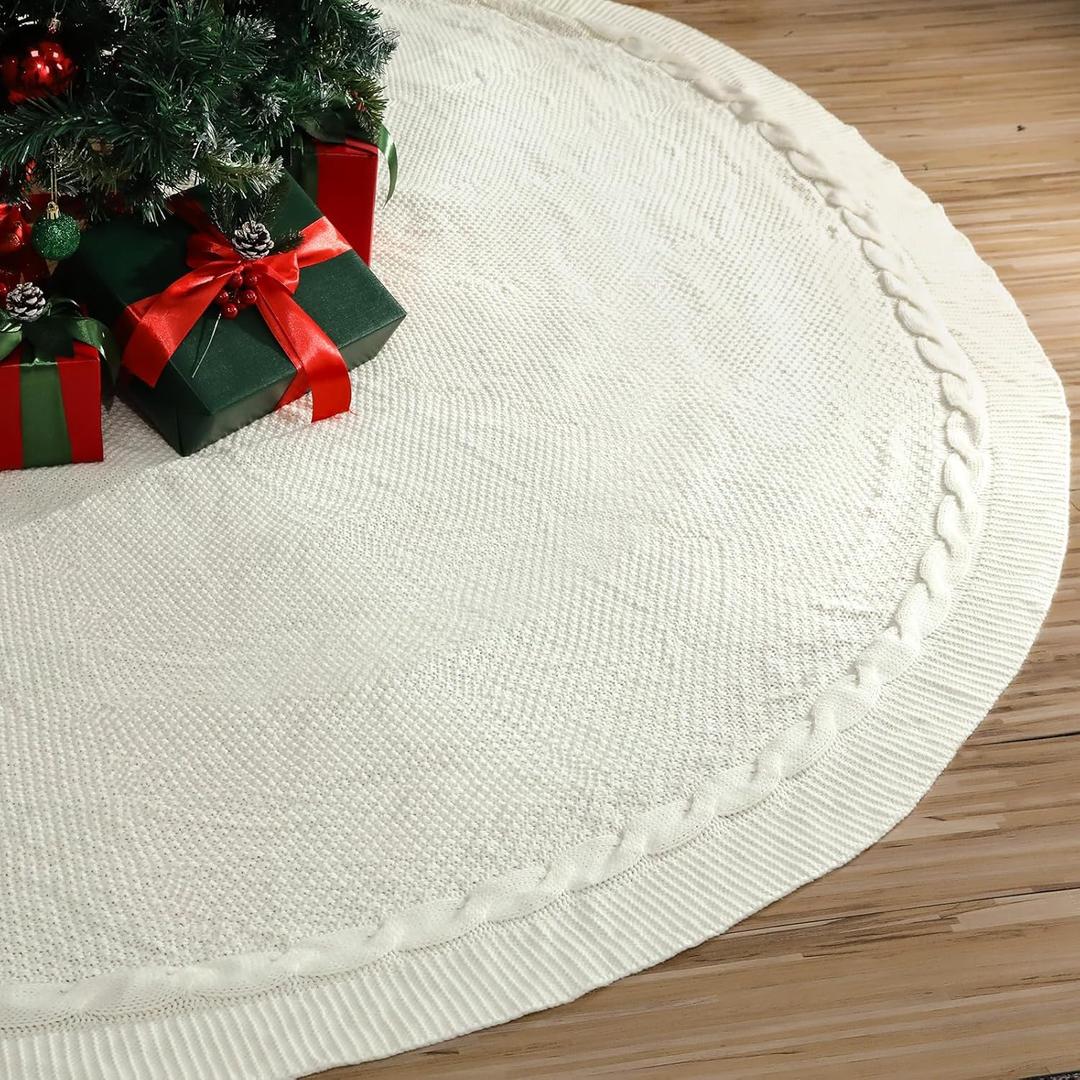 84 Inch Christmas Knitted Tree Skirt Giant White Chunky Xmas Tree Skirt Extra Large Cable Knit Thick Rustic Farmhouse Xmas Ornaments for Home Merry Christmas Holiday Winter Party Decoration