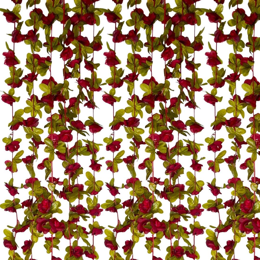 8Pcs 63Ft Burgundy Rose Garland, Fake Rose Hanging Flowers, Artificial Flower Vine, Hanging Floral Vine Garland for Wedding, Birthday Party, Wall Arch, Halloween, Christmas Garden Backdrop Decor