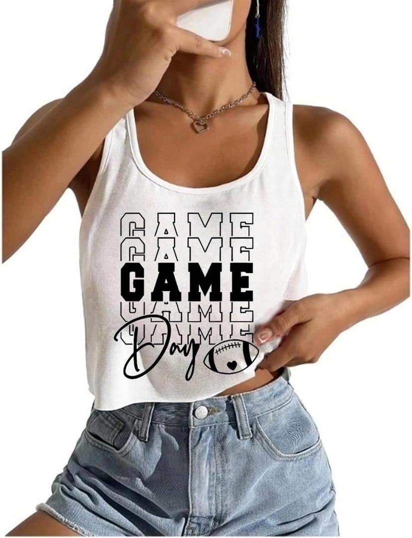 Game Day Shirt Women's Sexy Football Crop Tank Vintage Shirt Sport Season Sleeveless Tee Tops (White 7)