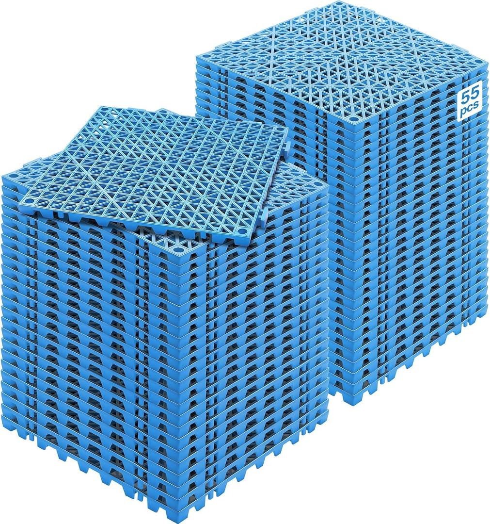 VEVOR Interlocking Tiles, 55Pcs 12 x 12 in, Soft PVC Drainage Tile Mat, Non Slip & Wear-Resistant Splicing Drainage Mat, Floor Tile Drain Holes for Restroom, Bathroom, Kitchen, Pool, Blue