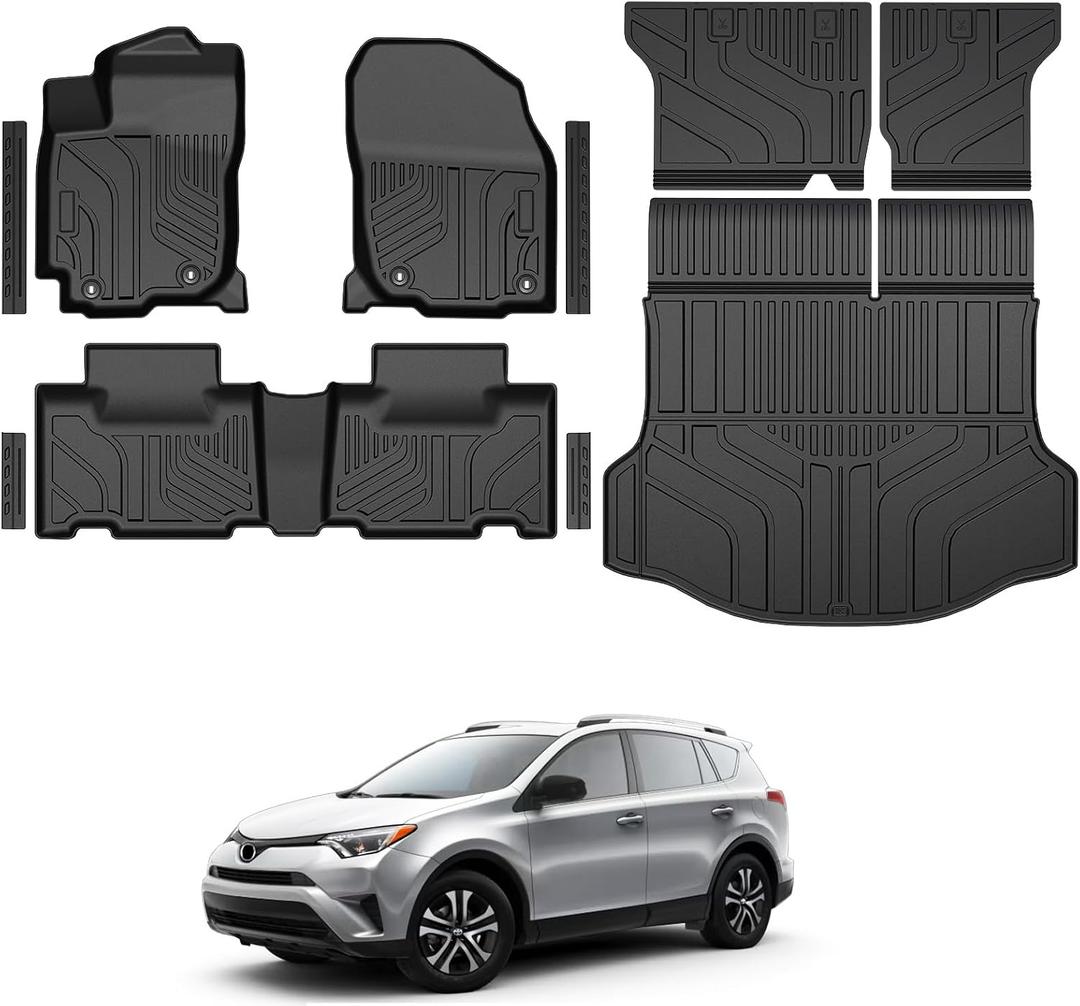 Floor Mats for Toyota RAV4 Gas 2013-2018, All Weather Floor Mats Trunk Cargo Liner with Backrest Protectors and Door Sill Guards Accessories, Full Coverage Set
